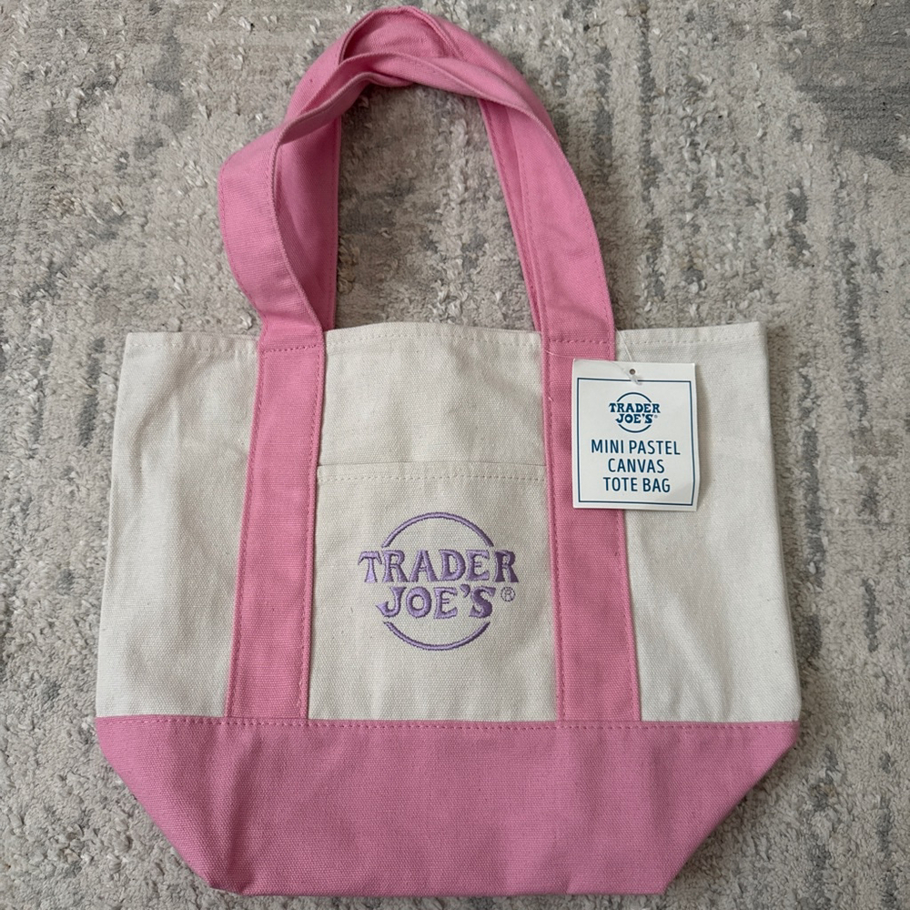 Unisex NWT Trader Joe's Mini Pastel Canvas Tote Bag Beige Pink - Picture 1 of 7